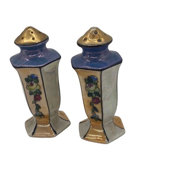 Japan Lusterware Salt & Pepper Shakers Handpainted Gilded Ornate Set Vintage - Picture 7 of 10